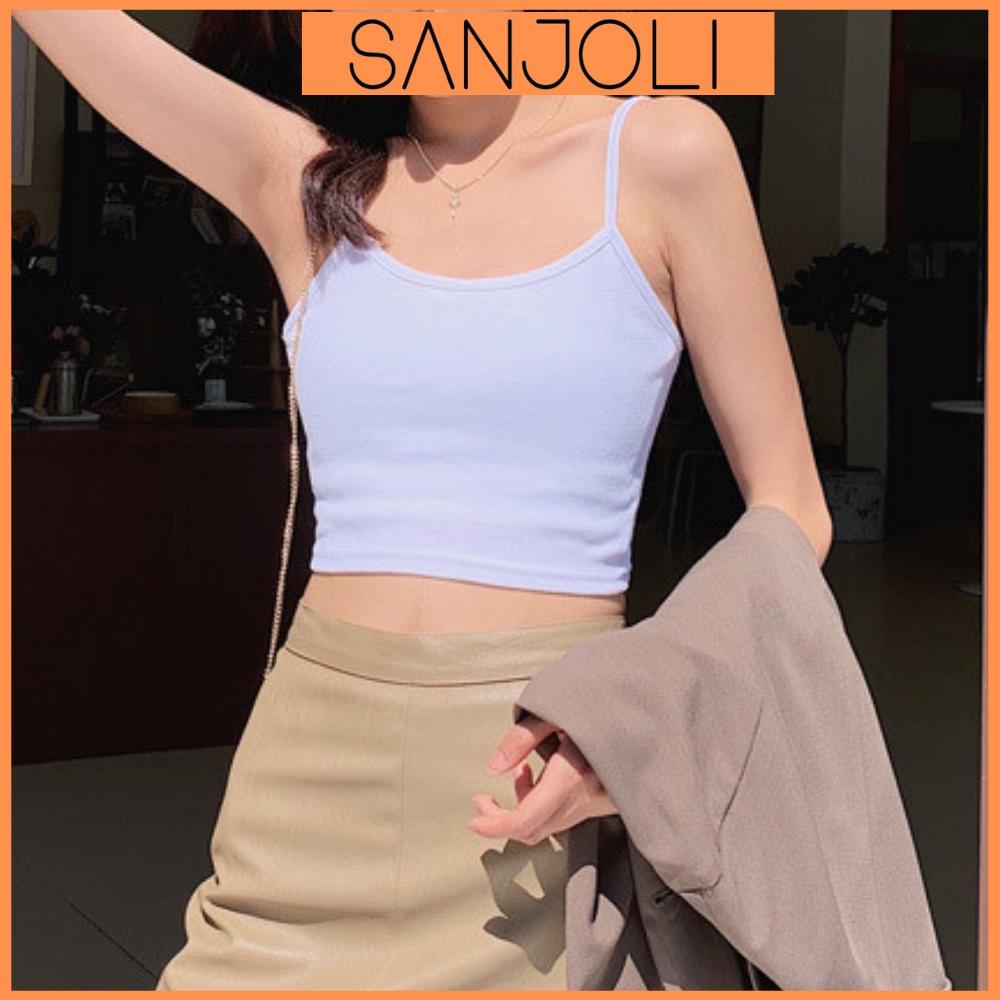 Áo Croptop 2 Dây SANJOLI Thiết Kế Ôm Body Sexy Gợi Cảm Chất Thun Len Gân 4 Màu Đen Trắng AO022