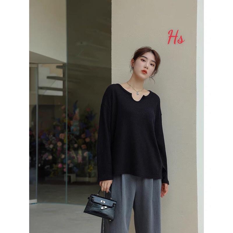 Áo Nỉ Dài Tay Tổ Ong Trơn Nữ Hàn Quốc Cổ Khoét Dáng Rộng Cực Dễ Phối Đồ