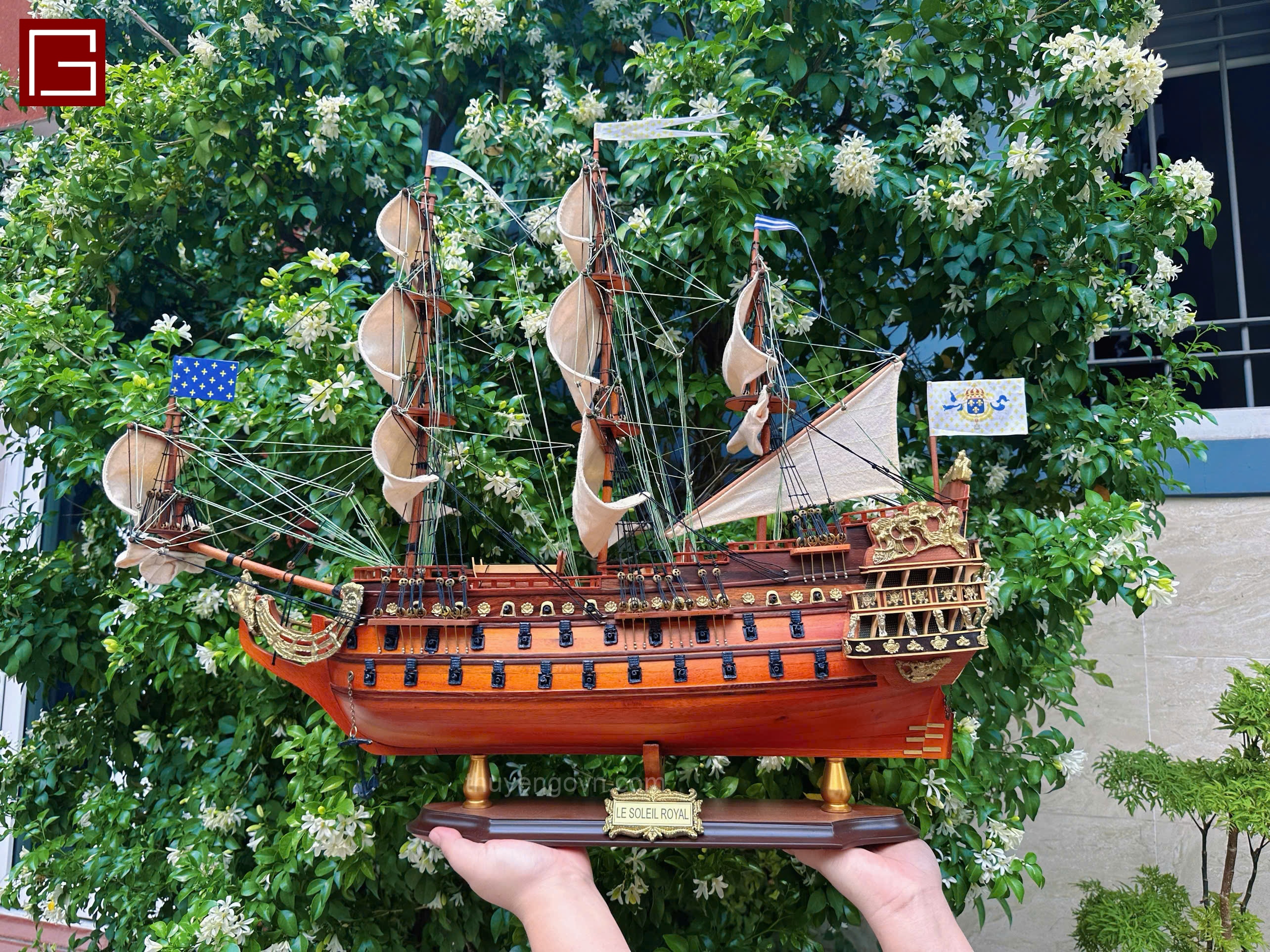 Thuyền gỗ Soleil Royal, mô hình thuyền gỗ phong thủy gỗ tràm nhiều kích thước, hàng thủ công chính hãng