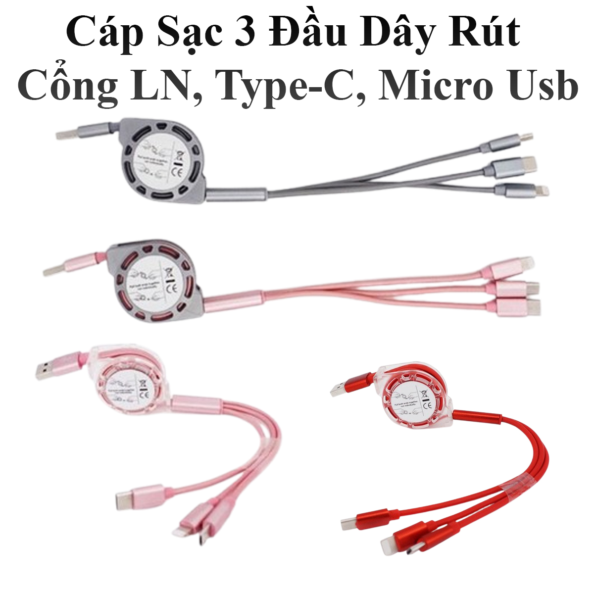 Cáp Sạc 3 Đầu Dây Rút Cổng Ln, Type-C, Micro Usb Dây Dài 1M