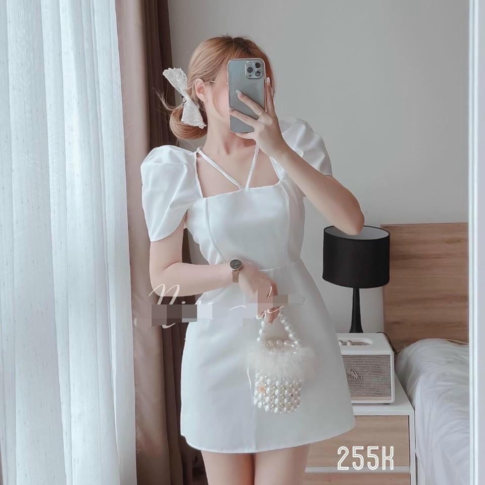 Váy đầm nữ dáng suông tay phồng cổ vuông cột nơ
