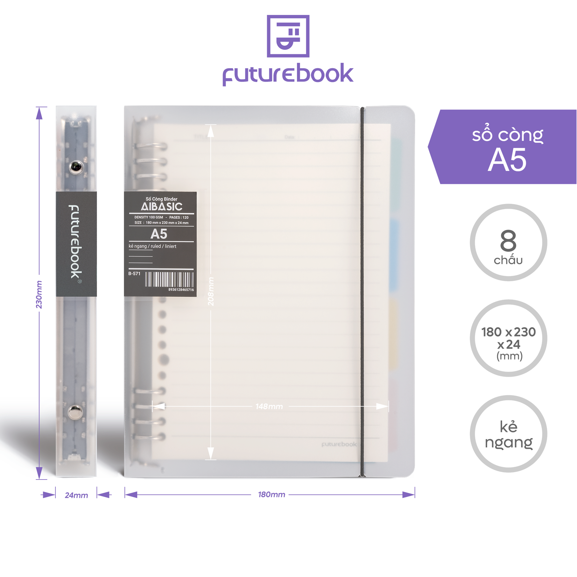 Sổ còng binder 8 chấu Aibasic A5 A4 B5, kèm ruột giấy refill, làm sổ tay planner ,phong cách hàn quốc FUTUREBOOK