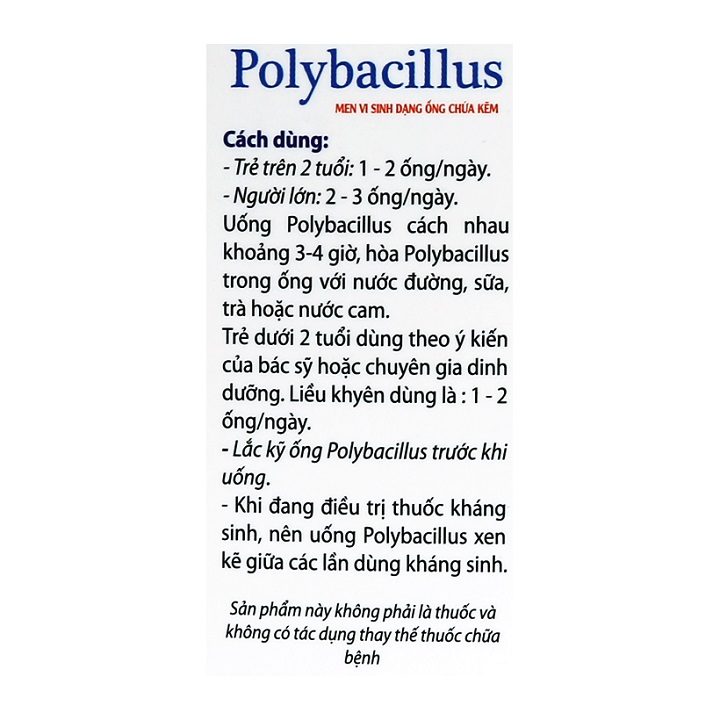 Thực phẩm bảo vệ sức khỏe Polybacillus hộp 15 ống-  Chứa lợi khuẩn và Kẽm giúp phòng ngừa và hỗ trợ điều trị bệnh lý kém hấp thu, biếng ăn, chậm lớn ở trẻ em