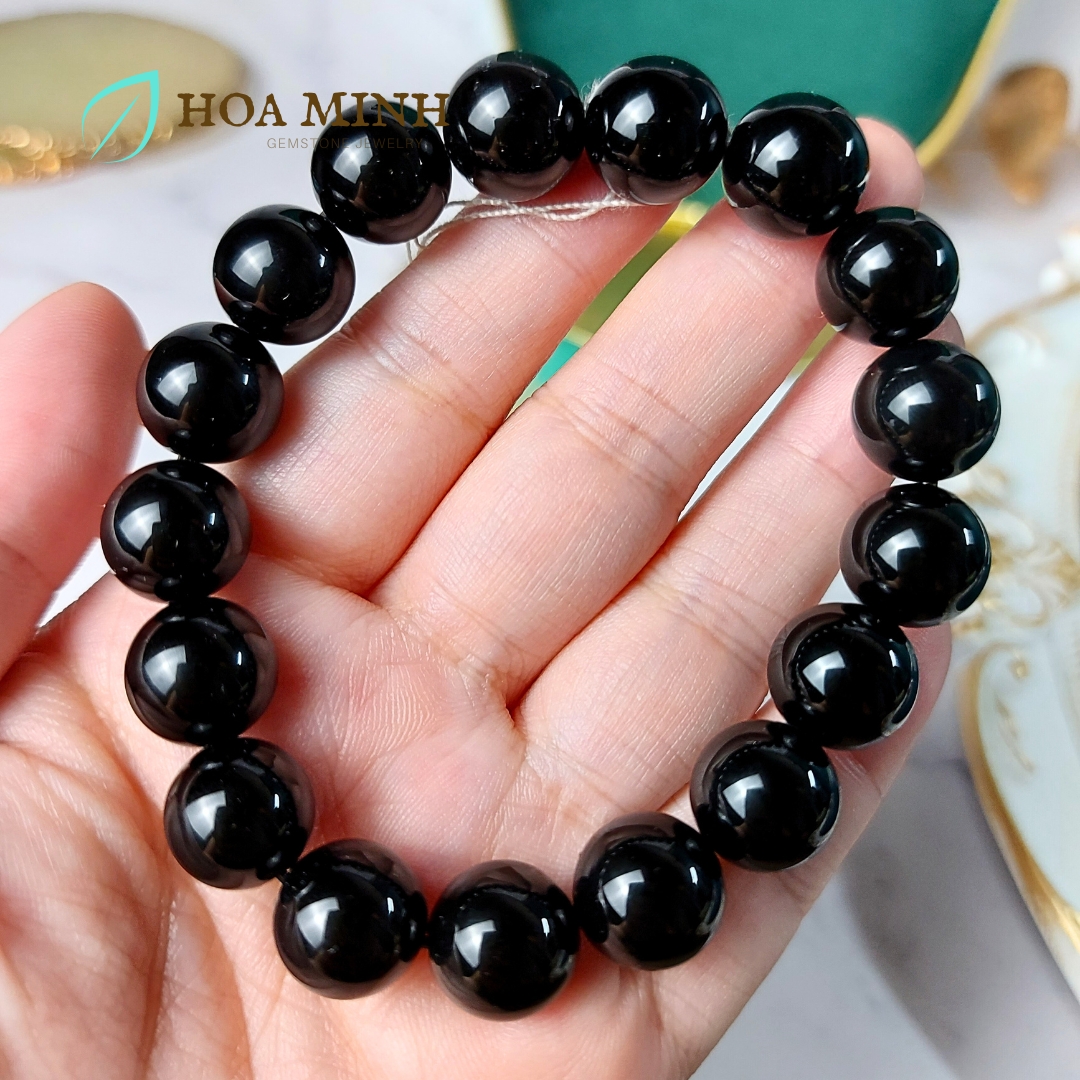 Vòng tay phong thủy đá Mã Não đen onyx size 12 li hợp phong thủy mệnh Thủy, Mộc