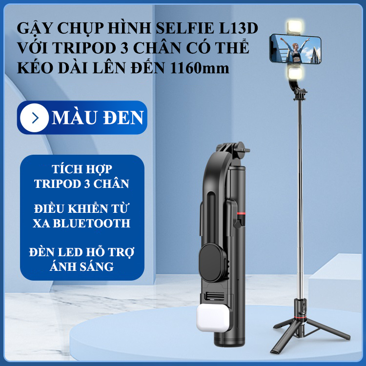 Gậy chụp ảnh selfie L13D gấp gọn tích hợp tripod 3 chân có thể kéo dài đến 1160mm với 2 đèn led hỗ trợ ánh sáng và remote không dây