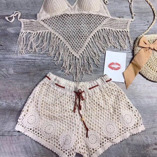 07-Set bikini ren đi biển 2 món áo bra- quần sóc