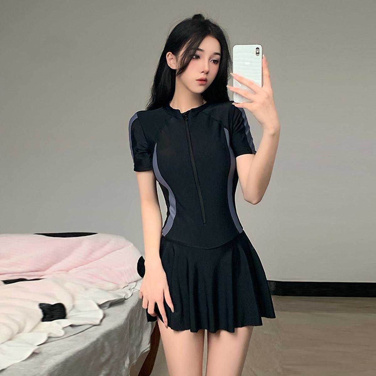 "NEW 2026" Đồ bơi Nữ  một mảnh tay ngắn dạng váy có khóa kéo ( Có size lớn 70kg) " HOT HOT" - Đen, Đen