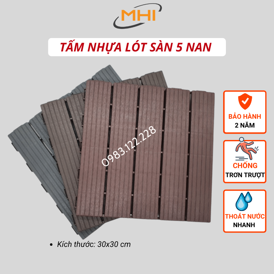 Vỉ nhựa lót sàn MHI cao 2 cm, chuyên dụng cho ban công, bể bơi sân vườn PP - kích thước 30 cm x 30 cm x 2 cm