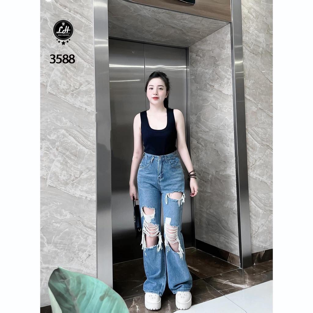 Quần jean nữ ống rộng, quần bò màu xanh ulzzang rách tả tơi hai ống lưng cao Lê Huy Fashion MS 3588