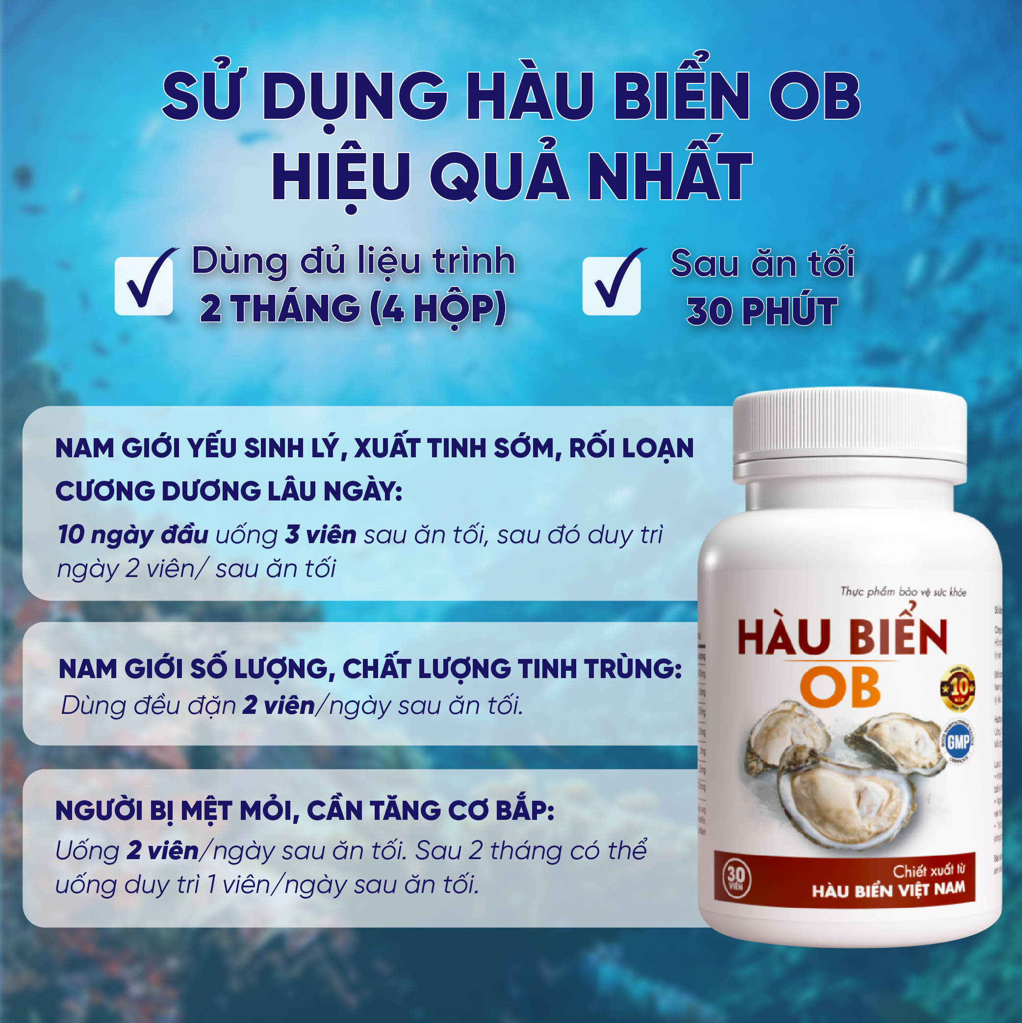 COMBO 2 HỘP Thực phẩm bảo vệ sức khỏe Hàu Biển OB - tăng cường sinh lý, trị xuất tinh sớm, Tăng sinh chất lượng tinh trùng (Hộp 30 viên)
