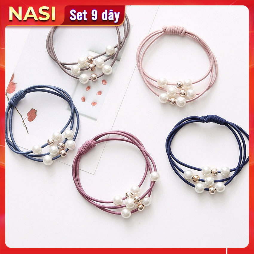 Dây buộc tóc nữ đính cườm ngọc [Set 9 dây] NASI dễ thương phong cách hàn quốc thun cột tóc nữ co giãn tốt phụ kiện tóc