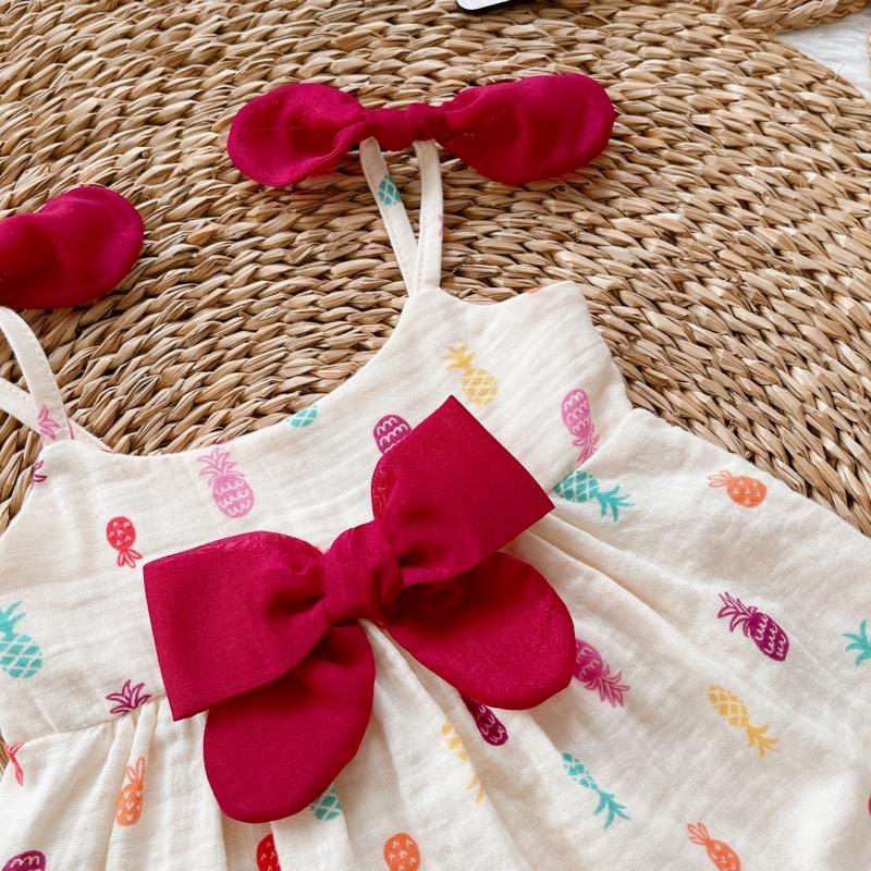 Body 2 Dây Nơ Đỏ Quả Dứa Chất XÔ MUSLIN Cho Bé Gái 3 Đến 12kg