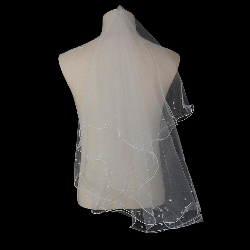 Queenten New Simple Ribbon Edge Wedding Veil With Pearls Short Bridal Veil Studio veil QT