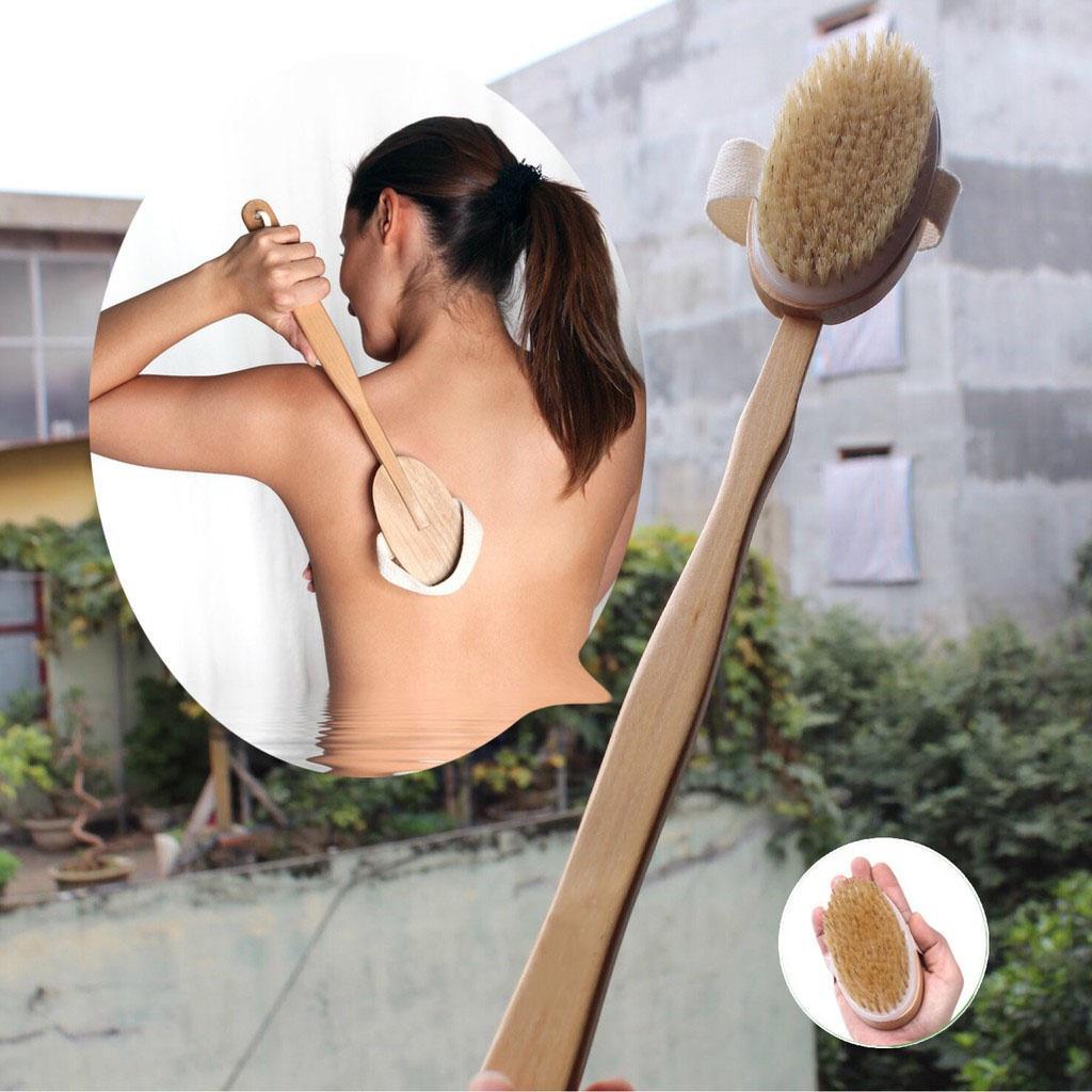 Bàn chải chà lưng cán gỗ dài tiện dụng, cây cọ lưng chà lưng tắm với sữa tắm cực sạch B0123