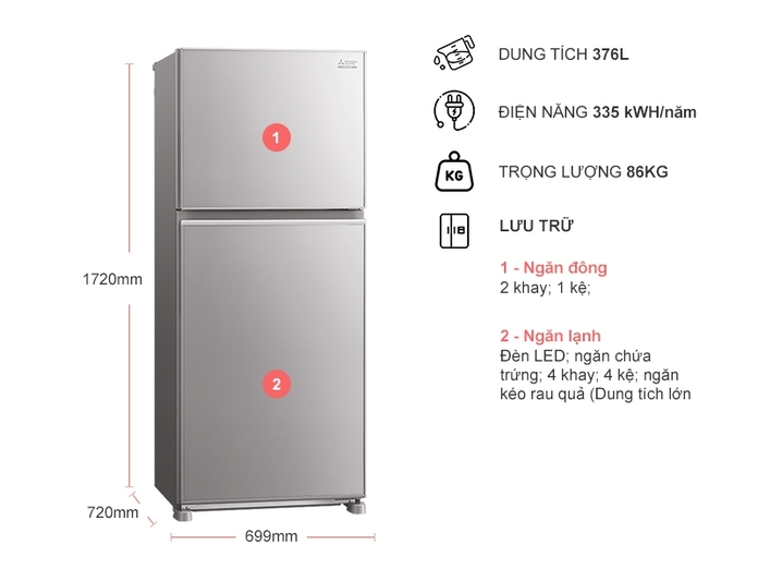 Tủ Lạnh Inverter Mitsubishi Electric MR-FX47EN-GSL (376L) - Hàng chính hãng