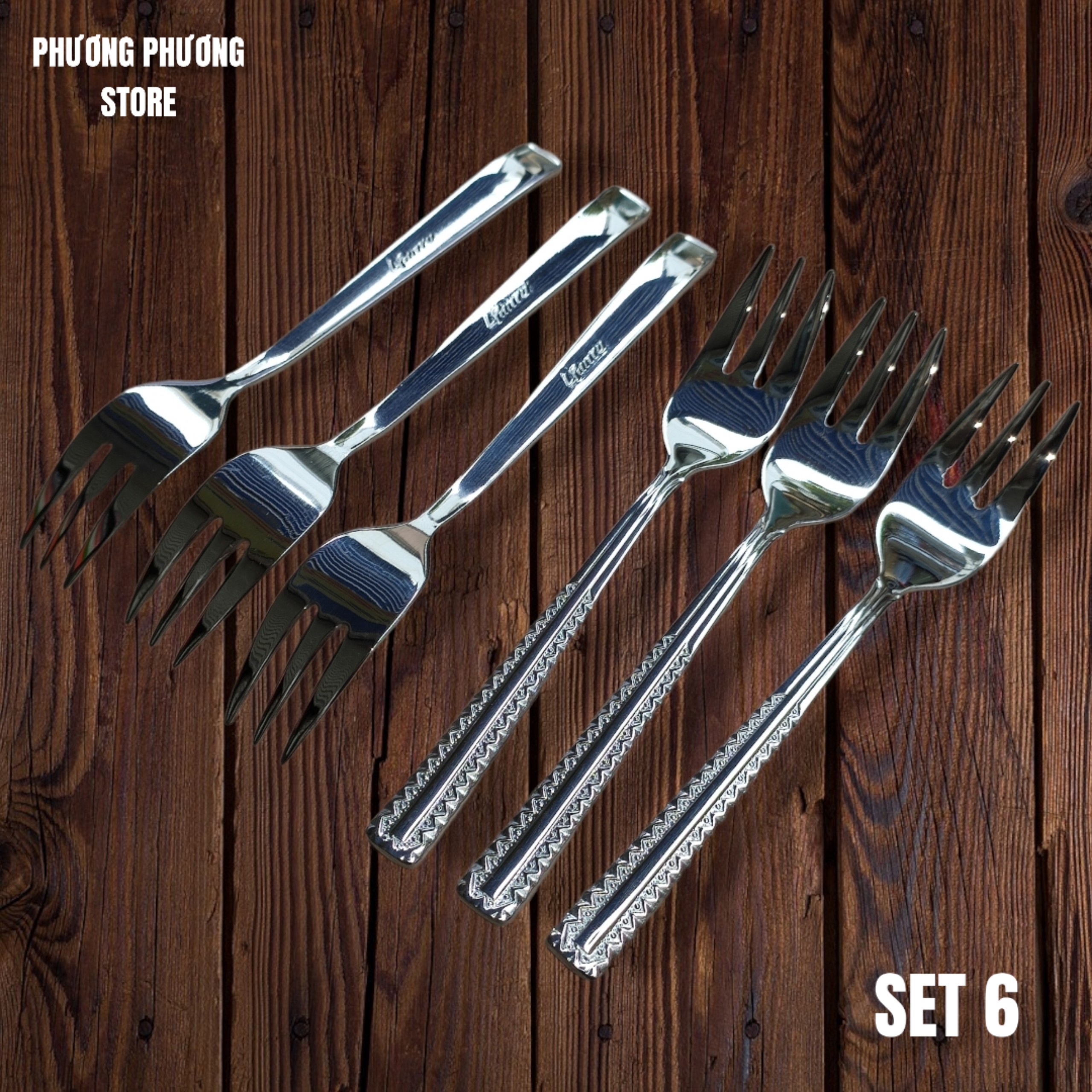 COMBO SÉT 6 NĨA / DĨA 3 RĂNG HOA VĂN CAO CẤP DÀI 14,5 CM HÀNG INOX SÁNG BÓNG XỊN SÒ