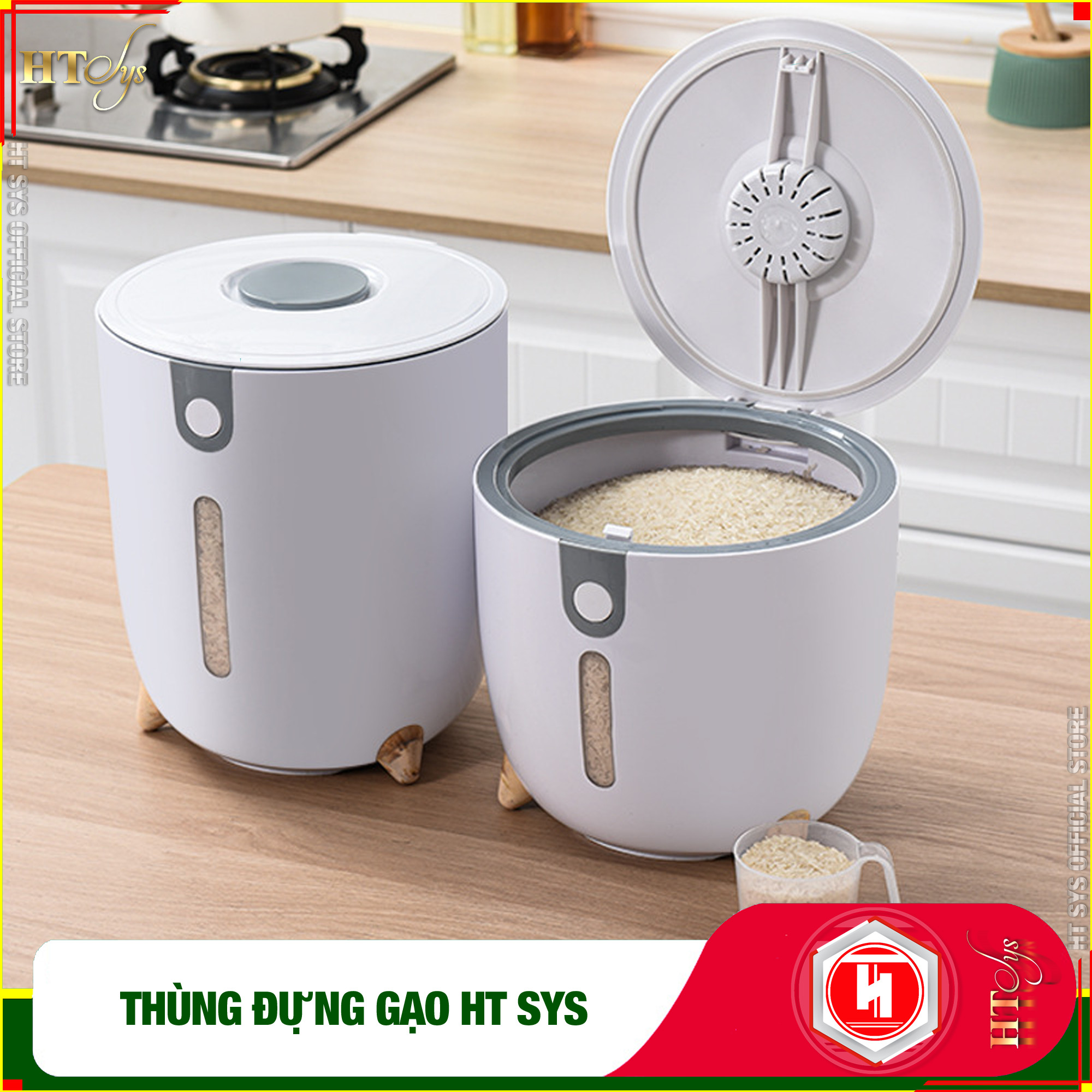 Thùng đựng gạo thông minh HT SYS - Thiết kế dạng nhấn nút - Chống kiến - Chống ẩm - Chống mọt - Chất liệu ABS cao cấp + Sét móc vàng tài lộc - Hàng Nhập Khẩu