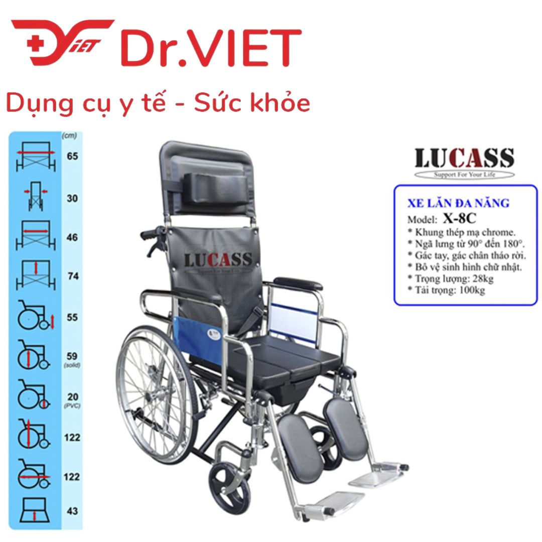 Xe lăn tay vệ sinh tại chỗ Lucass X-8C/X-8CB nhập khẩu chính hãng dành cho người già, bệnh nhân giao hàng lắp đặt tận nơi