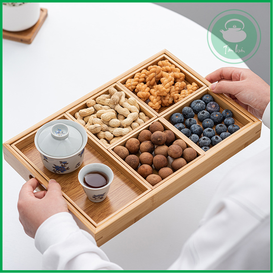 Khay gỗ tre 5 ngăn bày hoa quả thưởng trà - Đồ dùng phòng trà