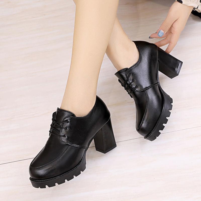 Giày boot nữ đế vuông 7 phân cột dây trơn cao cấp, bốt nữ gót vuông phong cách Korea S084
