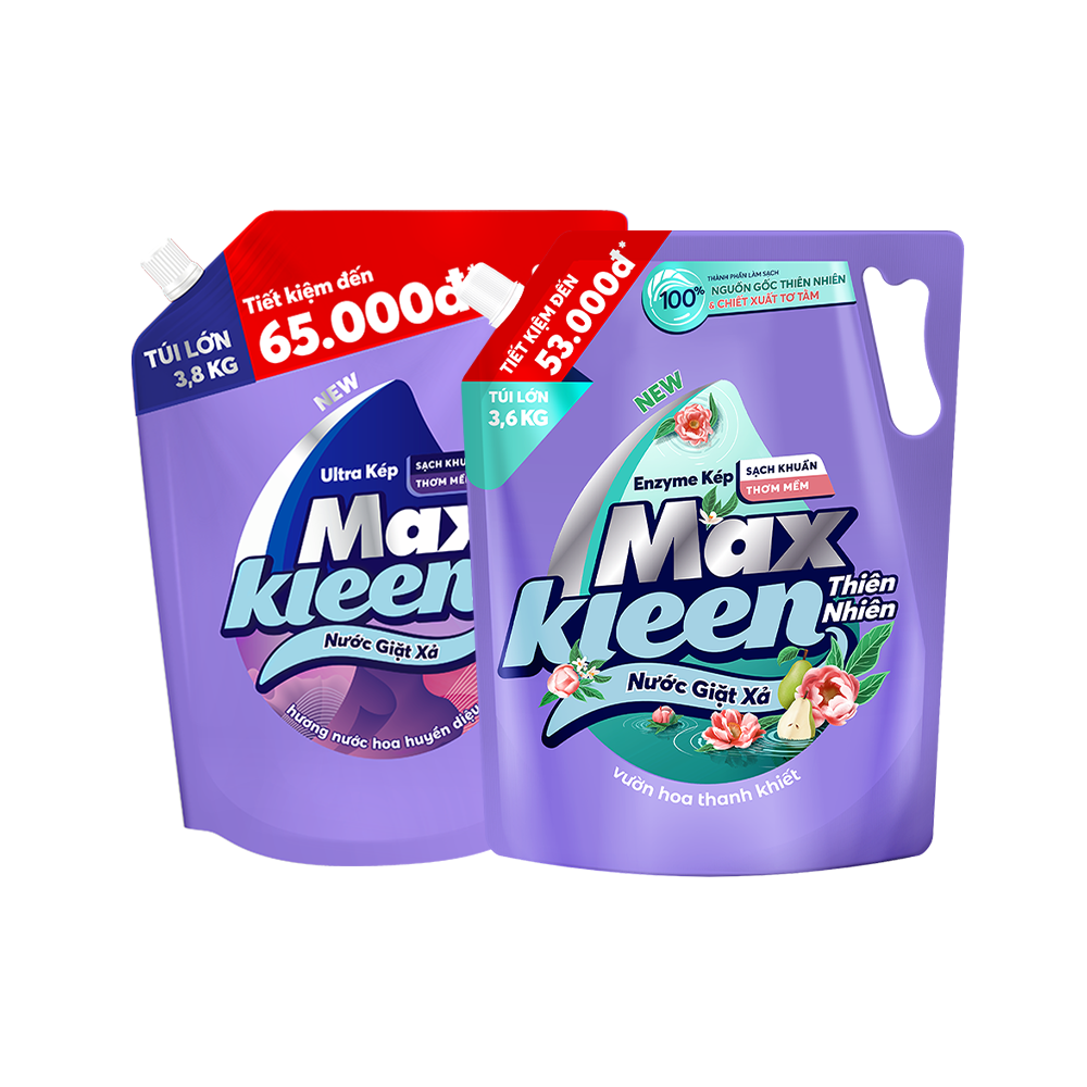 Combo Túi Nước Giặt Xả MaxKleen Thiên Nhiên 3.6kg + Túi Huyền Diệu 3.8kg