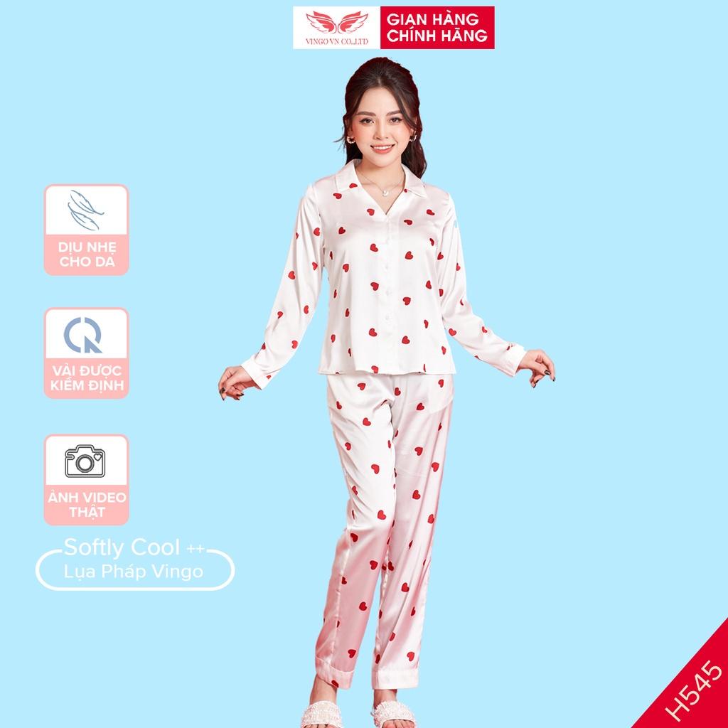 Đồ Bộ Ngủ Nữ Pijama Mặc Nhà VINGO Lụa Pháp Cao Cấp Tay Dài Quần Dài Họa Tiết Trái Tim Mặc Mùa Đông H545 VNGO - TDQD