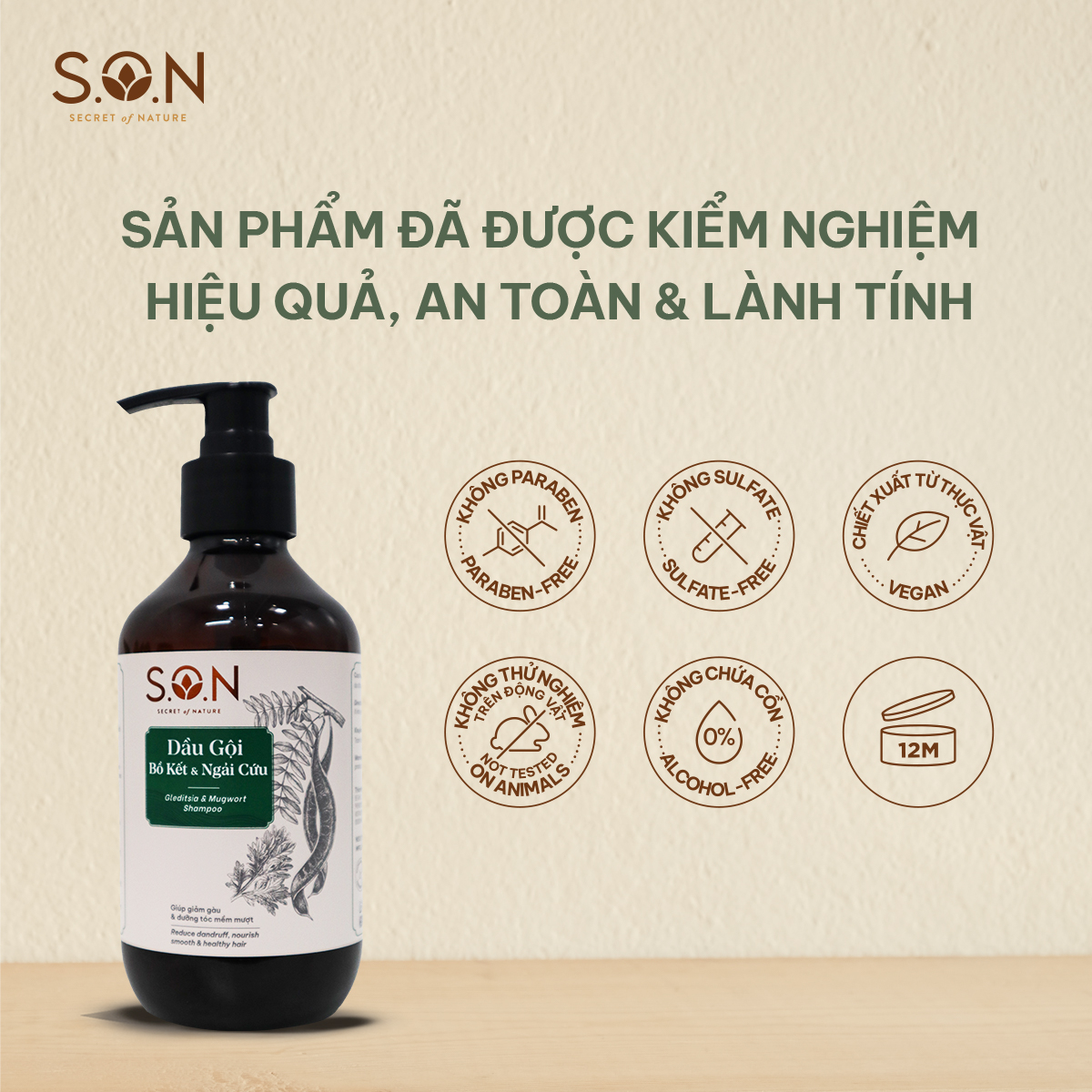 Dầu gội bồ kết &amp; ngải cứu S.O.N giảm gàu ngứa và dầu nhờn, mềm mượt tóc