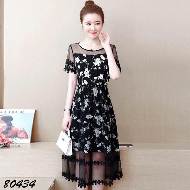 Đầm xoè lưới thêu hoa phối ren SIÊU XINH - Size M L XL 2XL đến 70kg MMR