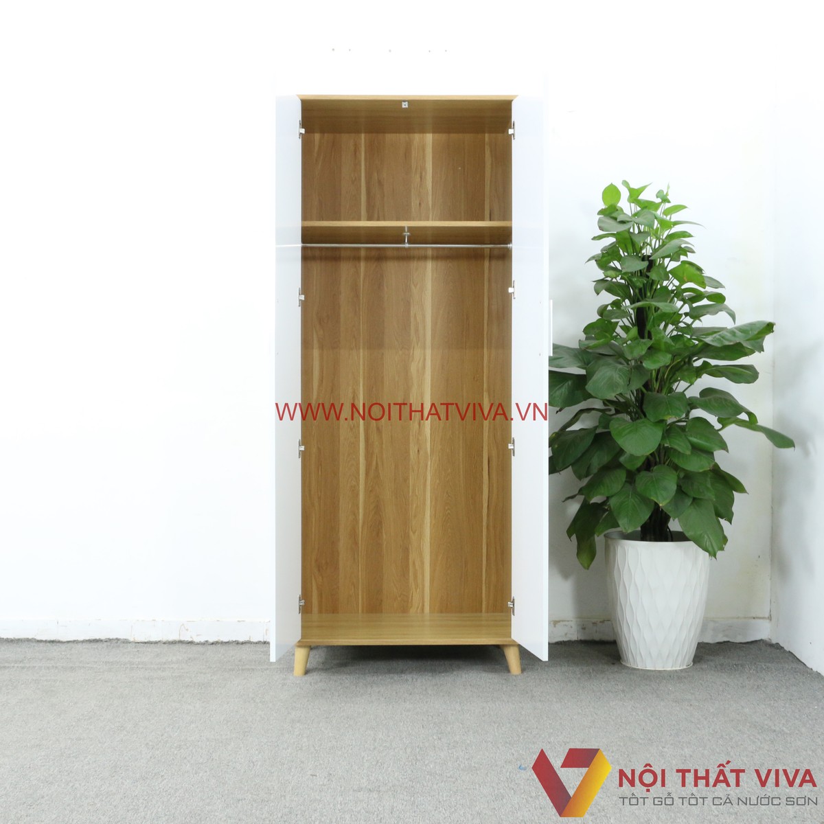 Tủ Quần Áo Có Chân Gỗ MDF Màu Vàng 2 Cánh Trắng Sơn 2K Đẹp Giá Rẻ