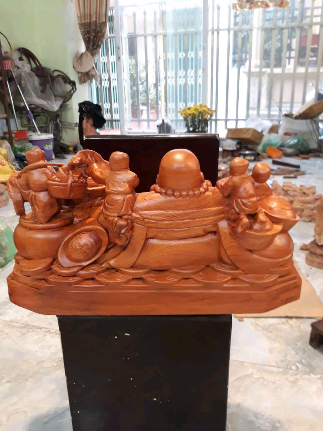 Tượng phật di lặc ngũ phúc bằng gỗ hương đá liền khối kt 40×21×20cm