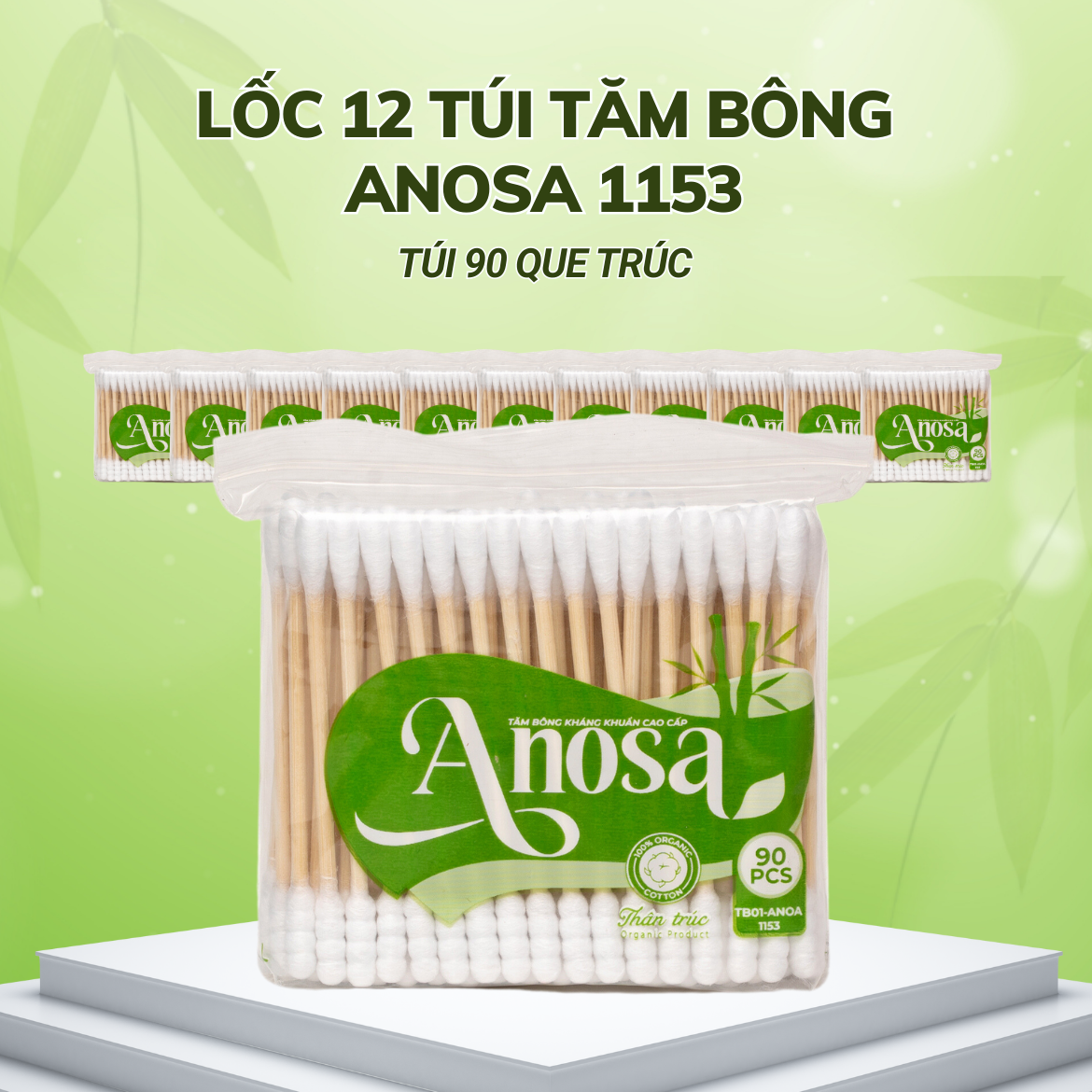 Lốc 12 túi Tăm bông Anosa người lớn thân trúc túi 90 que TB01-1153