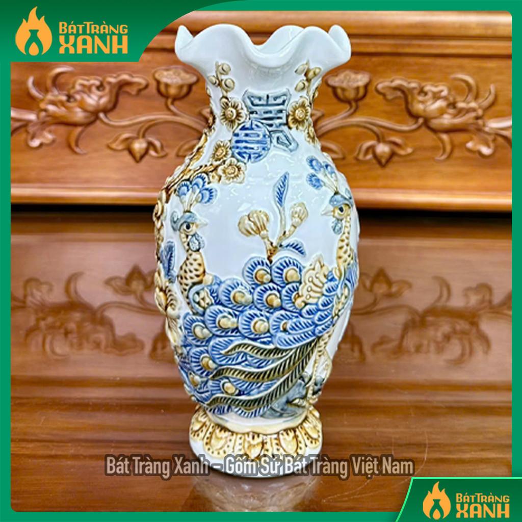 Lọ Lộc Bình Men Trắng Đắp Nổi RỒNG VIỆT- Bình Trang Trí Phong Thủy Bát Tràng Tinh Tế