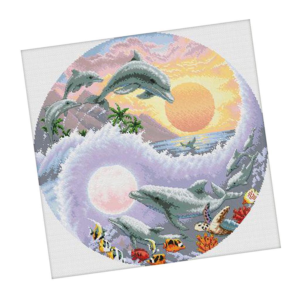 Dolphin Printed Cross Stitch Kit for Beginners Stamped 11 Count Handmade