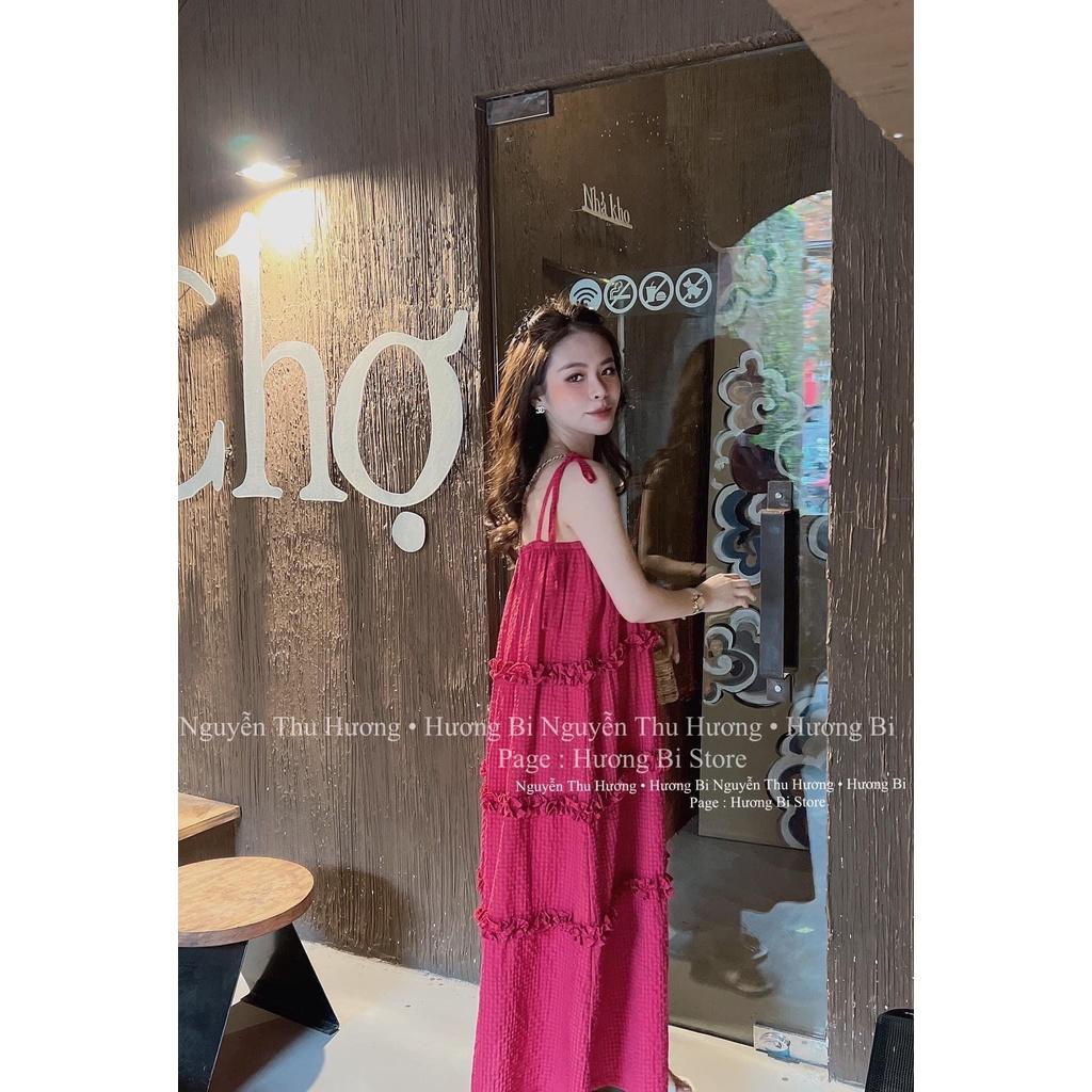 VÁY ĐI CHƠI, VÁY MAXI KẺ 2 DÂY DÁNG XÒE TẦNG CỰC HOT HIT - đen