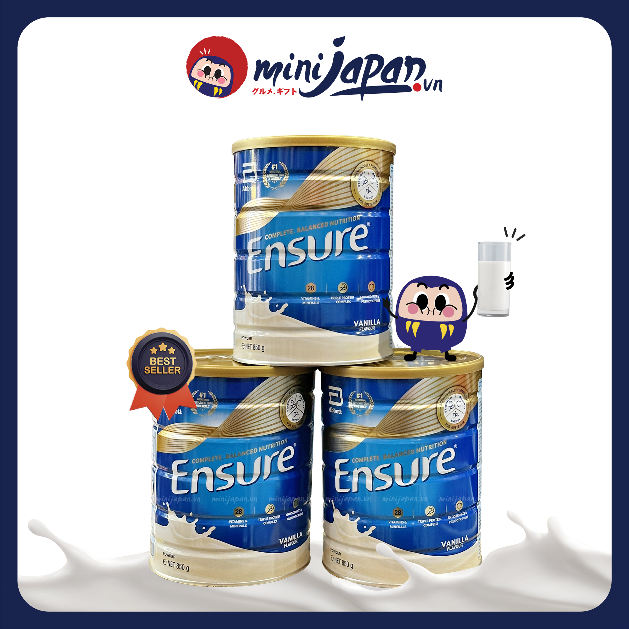 Sữa Bột Ensure Úc Hương Vanilla Hộp 850G Giúp Hồi Phục Sức Khỏe Cho Người Gầy Yếu, Người Suy Dinh Dưỡng - 3 Lon