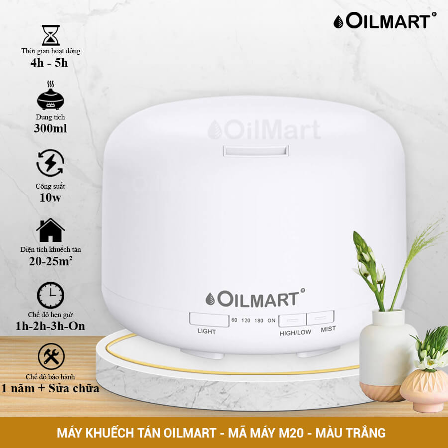 Máy Khuếch Tán Tinh Dầu Oilmart Trụ Sữa Đế Gỗ Nhỏ - 10W 300ml