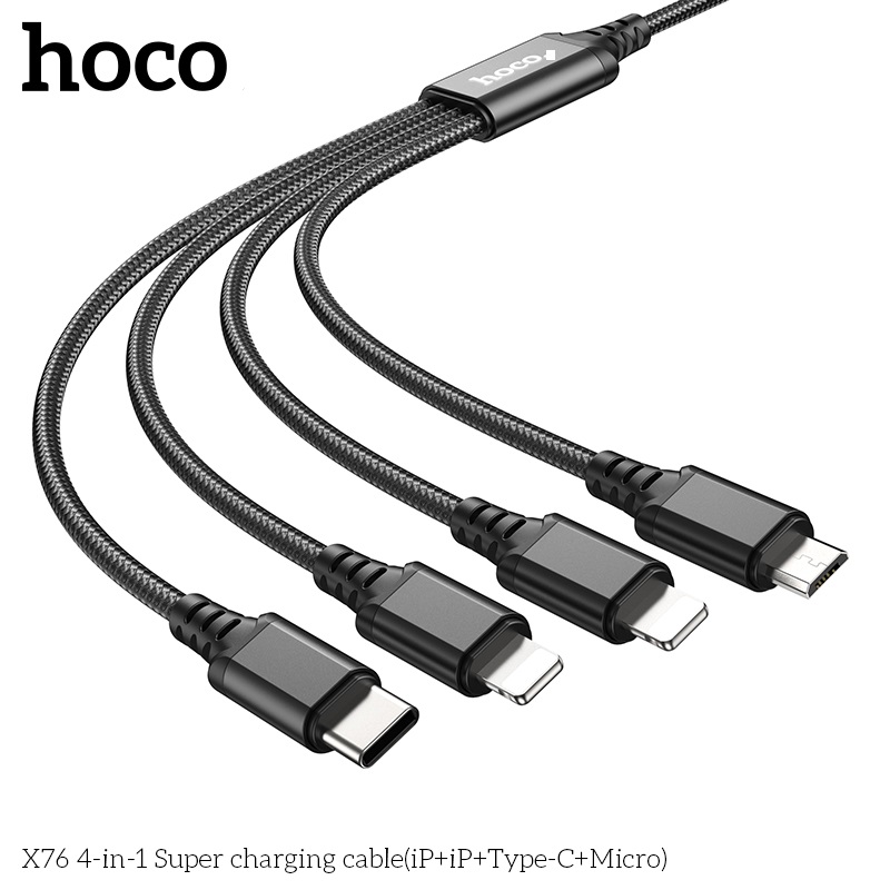 Cáp Sạc Dành Cho Hoco. X76 Super 4 Trong 1 2.0A Cổng IP * 2 + TypeC + Micro Dây Dài 1m Hàng Chính Hãng