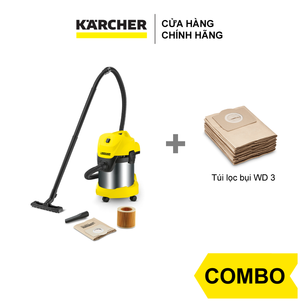 Combo Máy hút bụi khô &amp; ướt cao cấp Karcher WD 3 Premium và túi lọc bụi - Hàng Chính Hãng