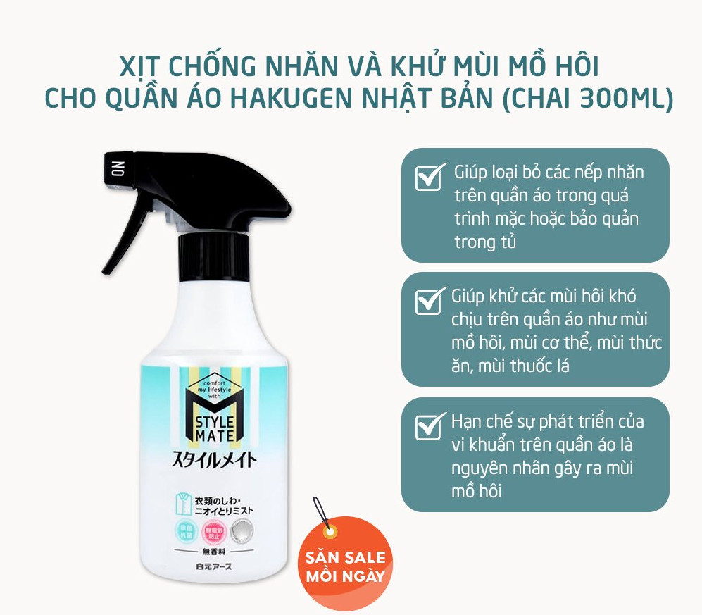 Xịt Chống Nhăn Và Khử Mùi Mồ Hôi Cho Quần Áo Hakugen Nhật Bản 300ml