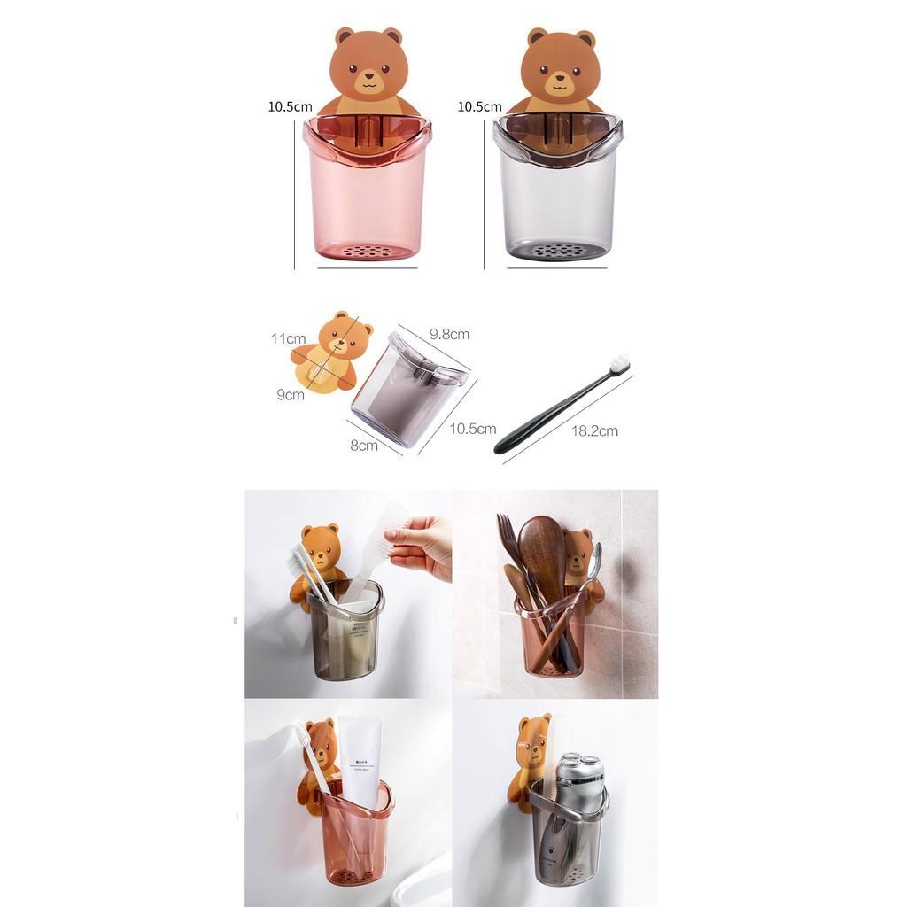 Cốc Đựng Bàn Chải, Kem Đánh Răng Hình Gấu Cute Chất Liệu Nhựa Bền Đẹp Kèm Keo Dán Tường Siêu Dính Tiện Lợi