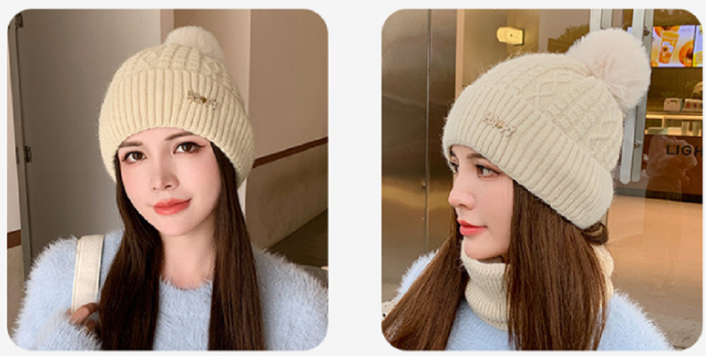 Bộ khăn mũ len nữ phong cách Hàn mới, nón len quả bông kèm khăn cao cấp