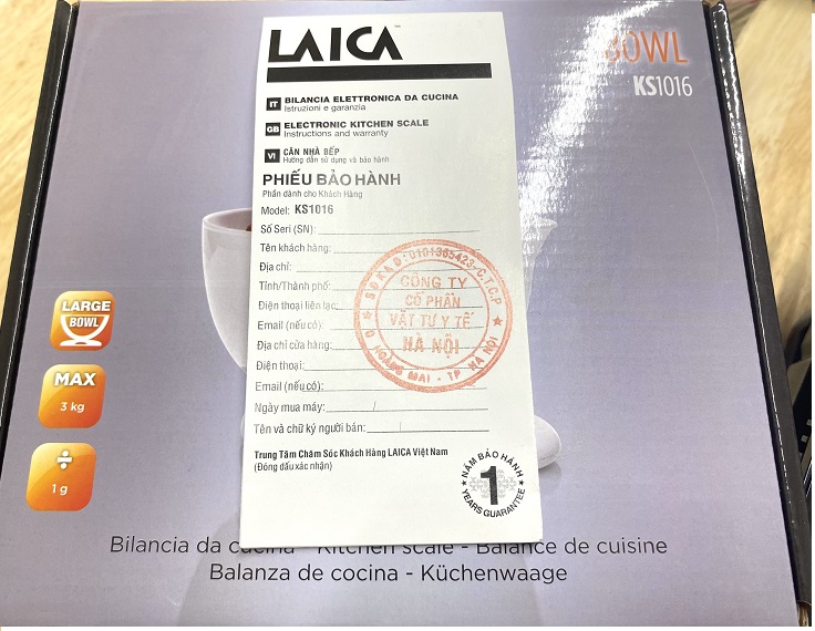 Cân Điện Tử Nhà Bếp LAICA KS1016 - Trọng Lượng Tối Đa 3kg - Độ Chia Nhỏ Nhất 1g - Chính Hãng ITALY