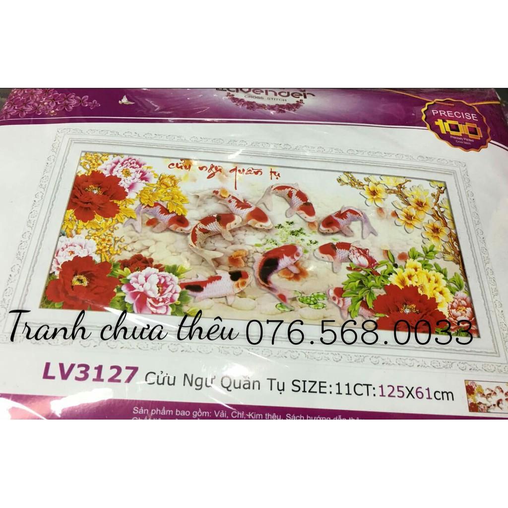 Tranh thêu chữ thập CỬU NGƯ QUẦN HỘI 125x61cm chưa thêu