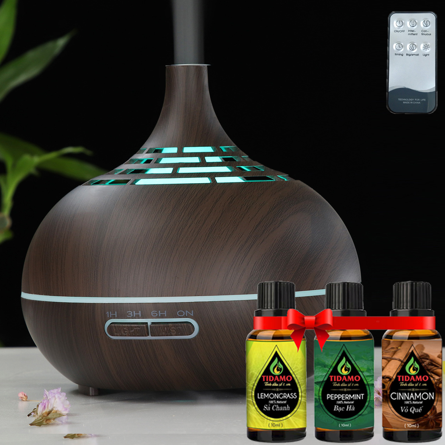 Combo Máy Xông Tinh Dầu Cách Điệu Có Điều Khiển Từ Xa + Tinh Dầu Nguyên Chất TIDAMO - Máy Khuếch Tán Tinh Dầu Giúp Thơm Phòng Thư Giãn, Đuổi Muỗi và Bảo Vệ Sức Khỏe