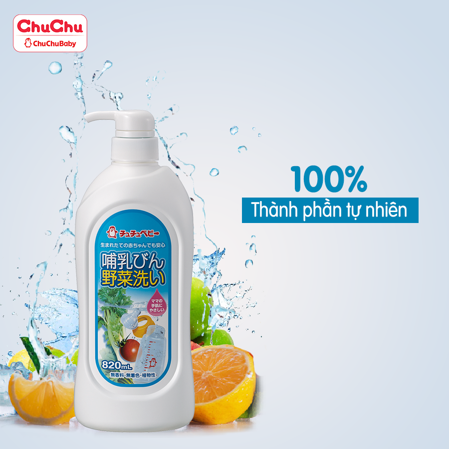 Combo nước rửa bình sữa và rau củ quả Chuchu Baby : chai 820ml + túi 720ml