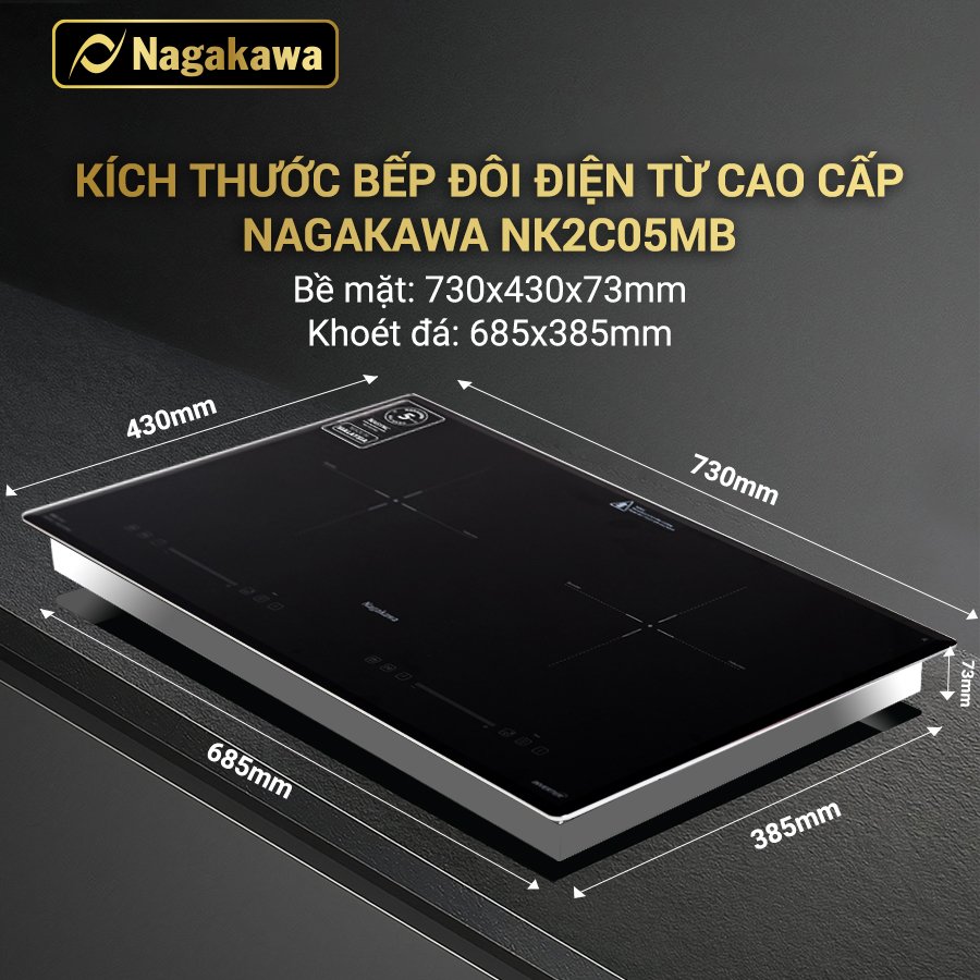 Miễn phí giao lắp toàn quốc - Bếp Đôi Điện Từ Nagakawa NK2C05MB - Made in Malaysia - Bảo hành 5 năm - Hàng Chính Hãng