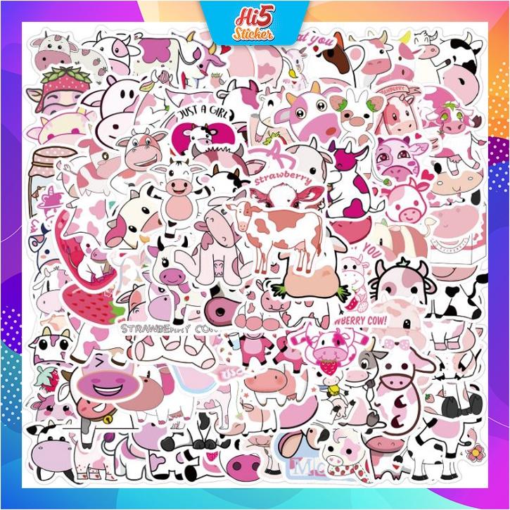 Sticker Hình Dán Trang Trí Hình Vẽ Bò Hồng Dễ Thương ms#241