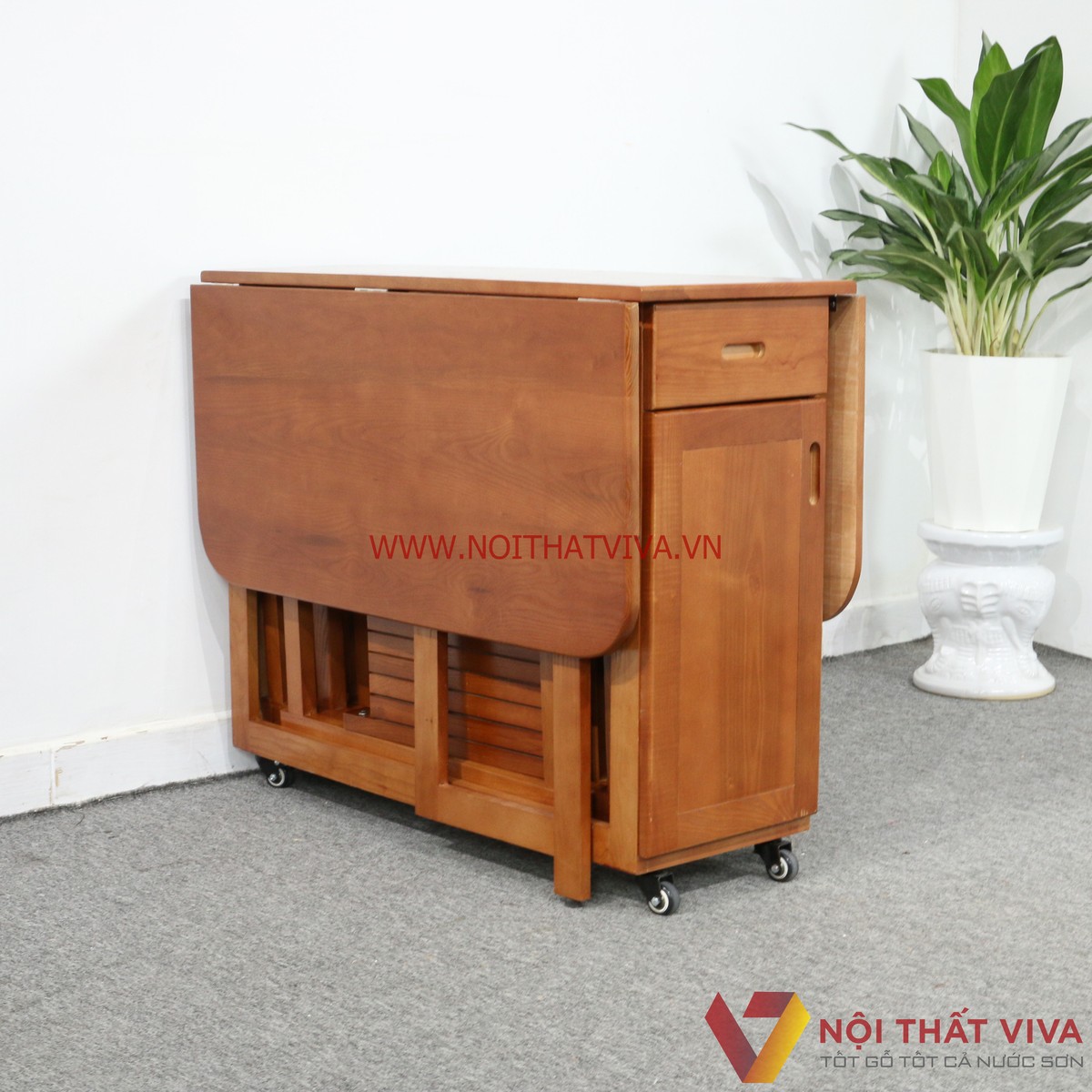 Bàn Ăn Thông Minh Xếp Gọn Gỗ Sồi Màu Cánh Gián Tự Nhiên 4 Ghế Gọn Đẹp