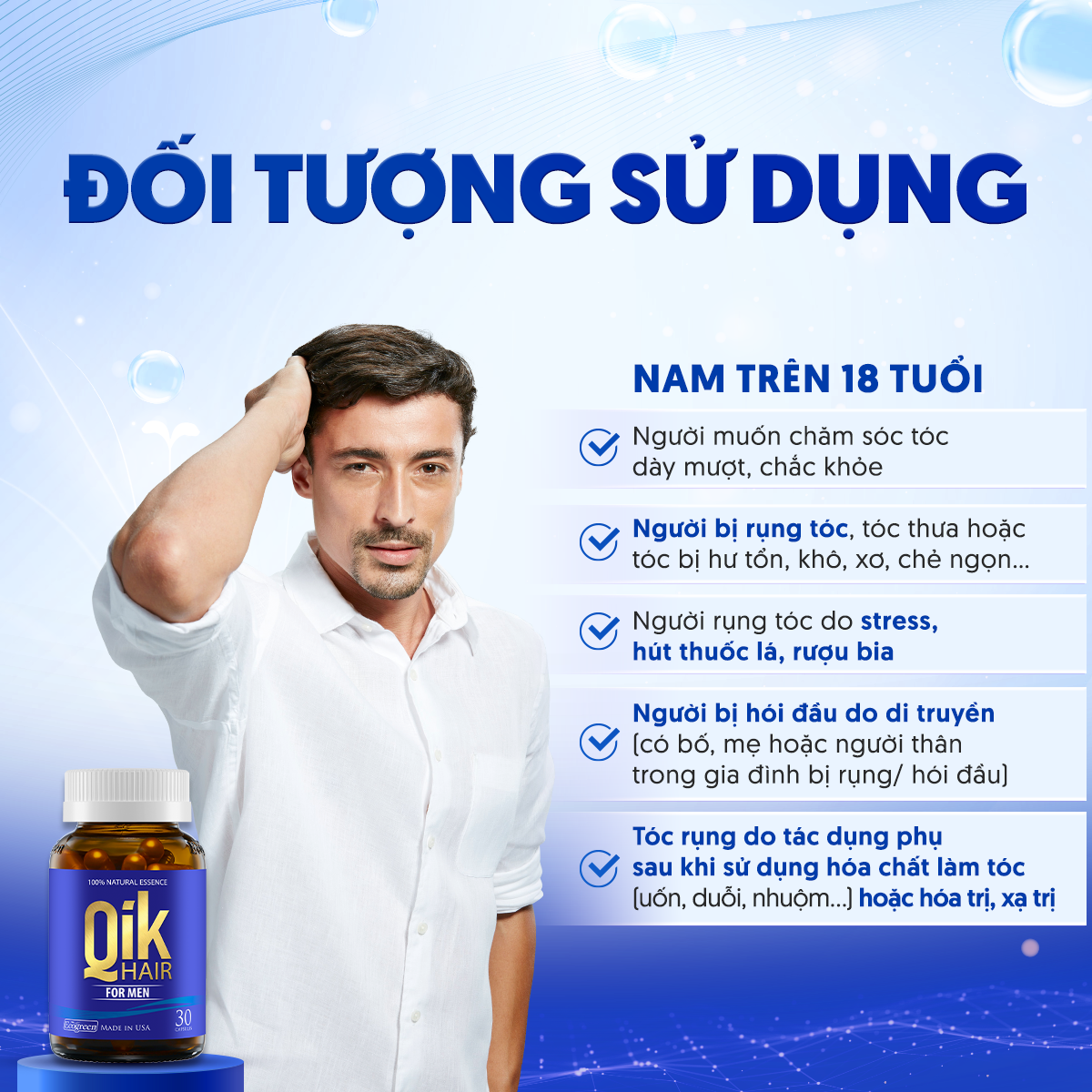 Combo 4 hộp viên uống QIK HAIR (for Men) giảm rụng, mọc tóc chắc khỏe 30 viên tặng 1 hộp 15 viên