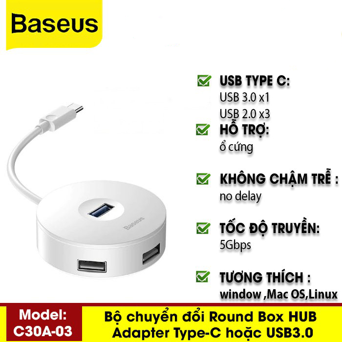 Bộ Chuyển Đổi Baseus Round Box HUB Adapter Type-C Hoặc USB3.0 To USB3.0*1 + USB2.0*3 - Hàng Chính Hãng